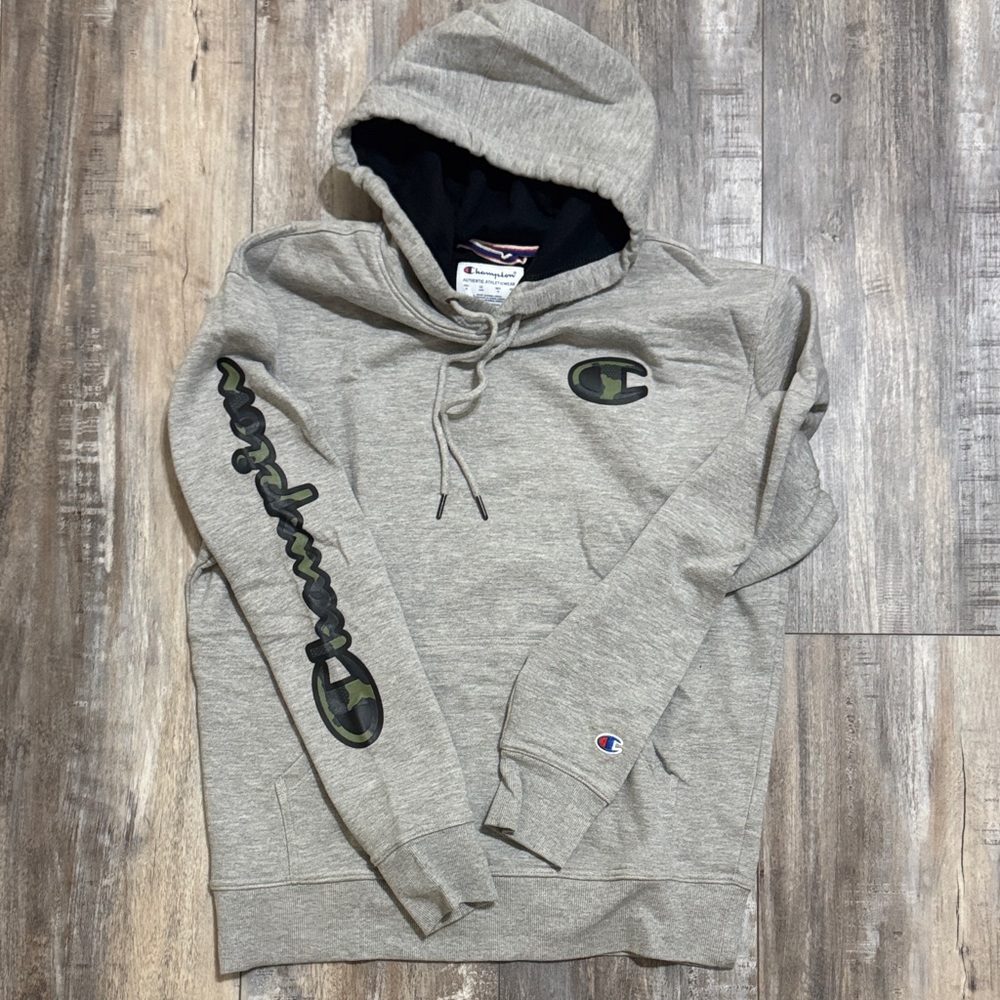 Champion Heather Gray Hoodie with Camo Accents